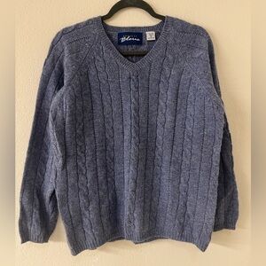 Blue V-Neck Cable Knit Sweater 100% wool Express Bleus